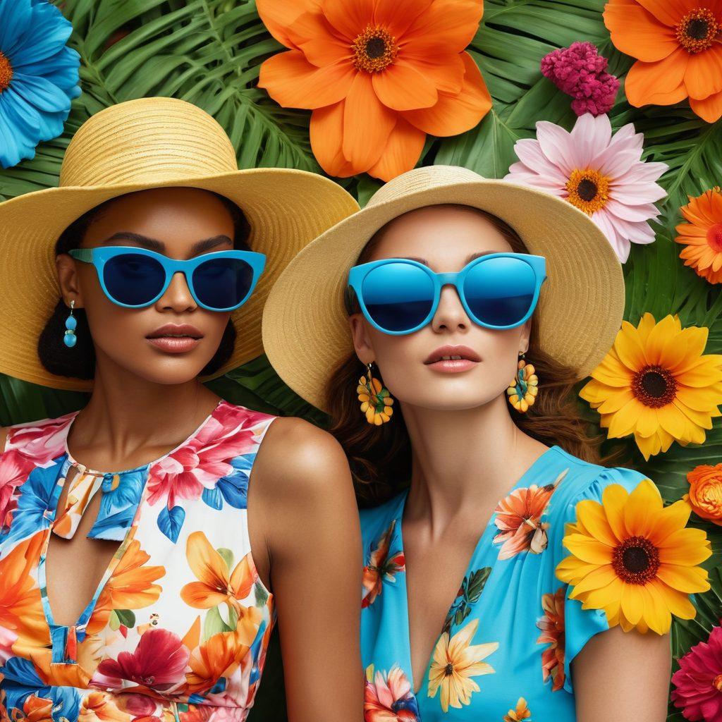 A vibrant summer scene featuring a stylish outdoor gathering with people in trendy summer outfits. Incorporate bright, colorful floral decorations and sun-kissed accessories like sunglasses and hats. Capture the essence of creative insights with artistic elements such as paint splashes or abstract patterns in the background. Infuse an atmosphere of inspiration and fun, showcasing diversity in fashion. super-realistic. vibrant colors. 3D.