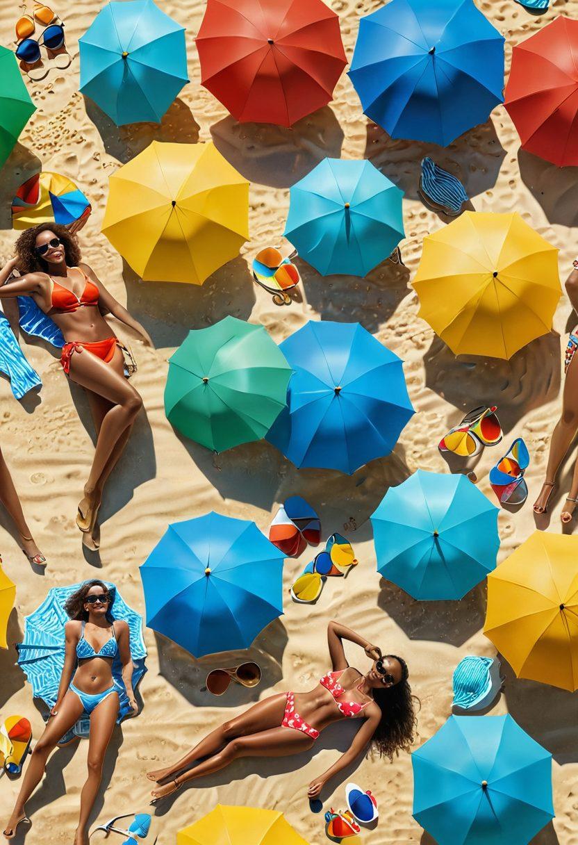 A vibrant beach scene showcasing various swimwear styles on diverse models of all body types, lounging under colorful umbrellas on golden sand. Include trendy beachwear accessories like sunglasses, beach bags, and hats, along with a clear blue ocean in the background. The sun is shining brightly, creating a cheerful atmosphere that invites readers to explore swimwear options. super-realistic. vibrant colors. 3D.